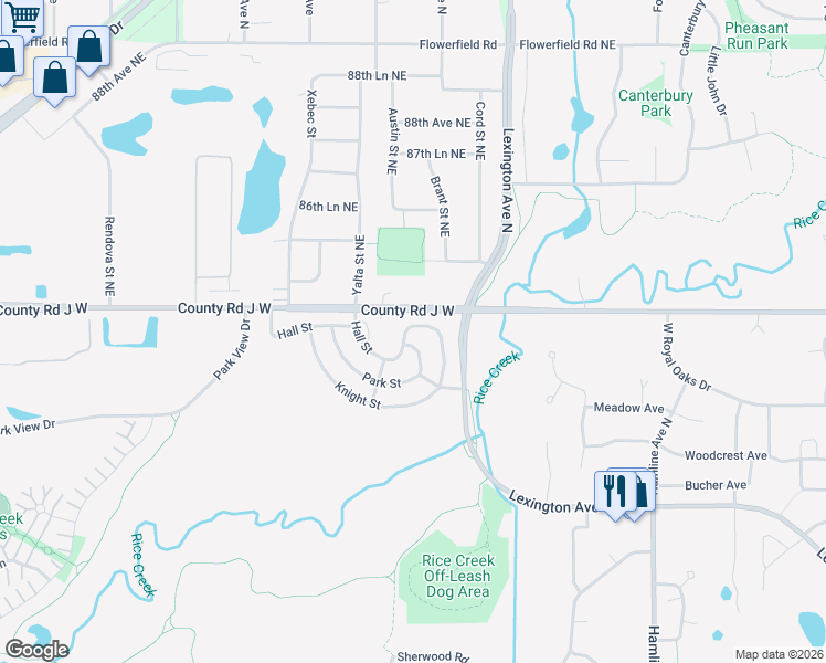 map of restaurants, bars, coffee shops, grocery stores, and more near 1578 Hall Street in Shoreview