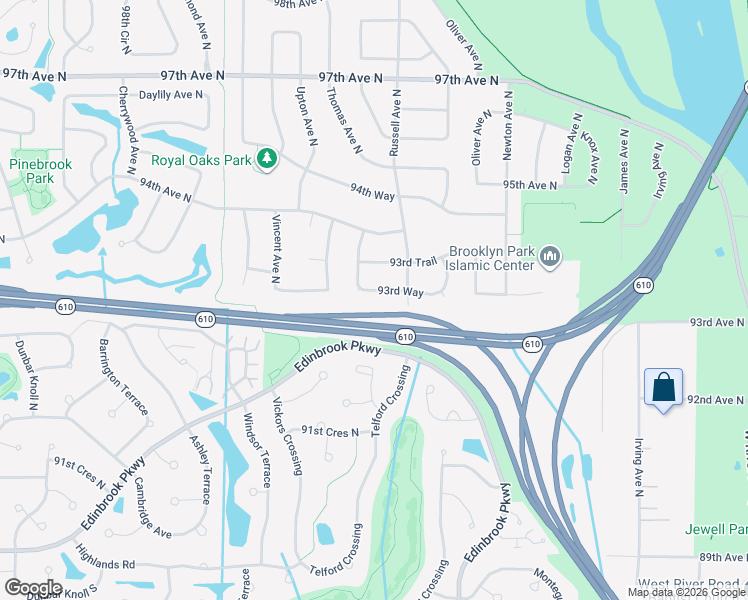 map of restaurants, bars, coffee shops, grocery stores, and more near 2619 93rd Way in Minneapolis
