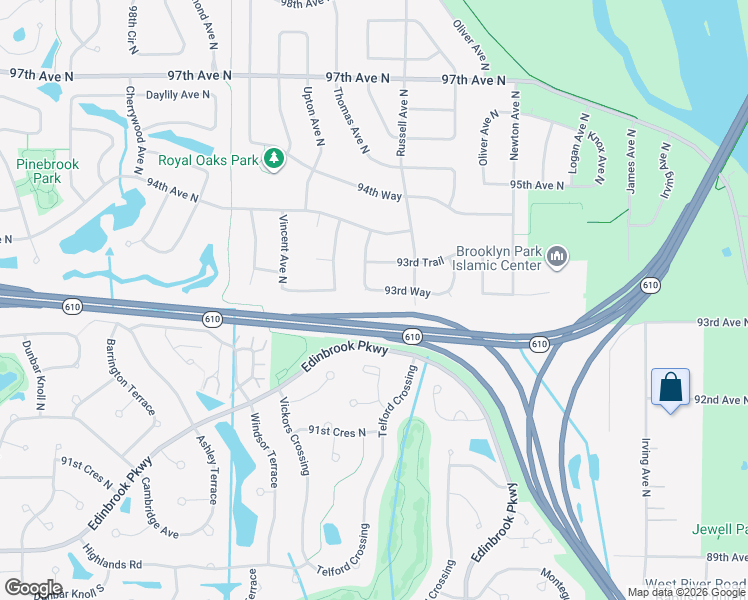 map of restaurants, bars, coffee shops, grocery stores, and more near 2619 93rd Way in Minneapolis
