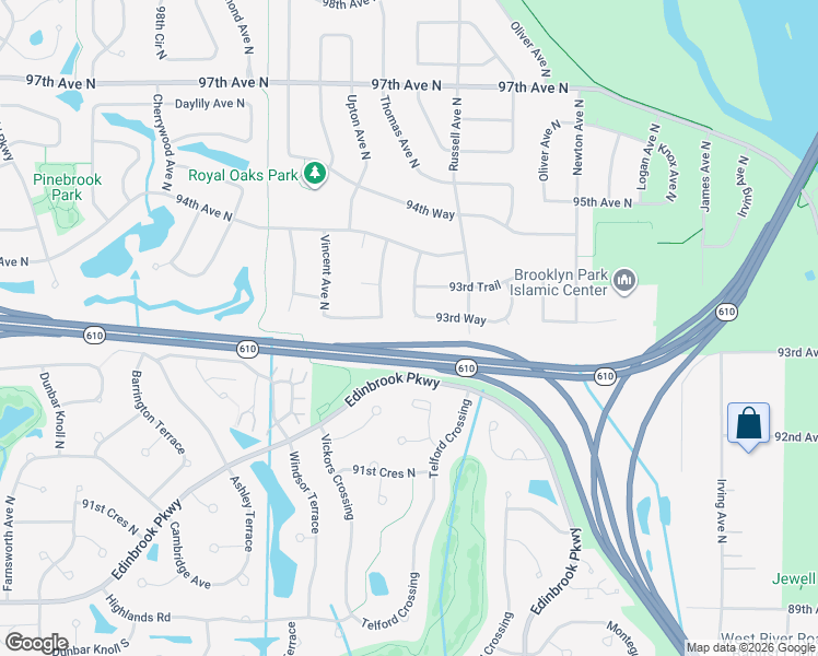 map of restaurants, bars, coffee shops, grocery stores, and more near 2619 93rd Way in Minneapolis