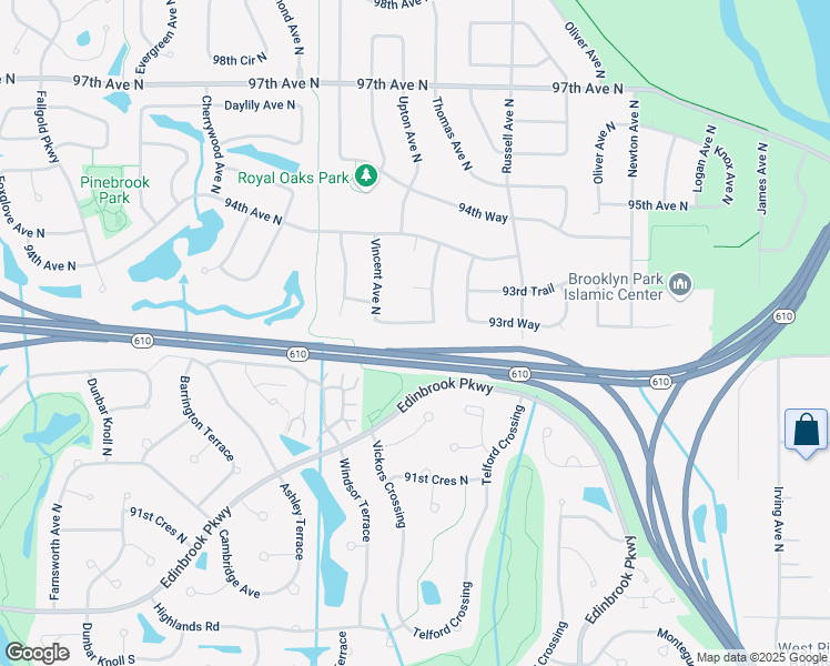 map of restaurants, bars, coffee shops, grocery stores, and more near 2709 93rd Way in Minneapolis