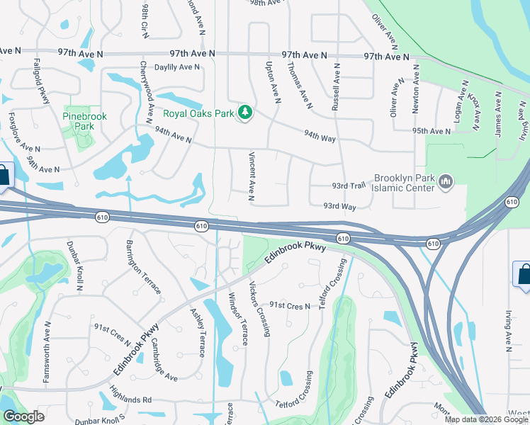 map of restaurants, bars, coffee shops, grocery stores, and more near 2819 93rd Way in Brooklyn Park