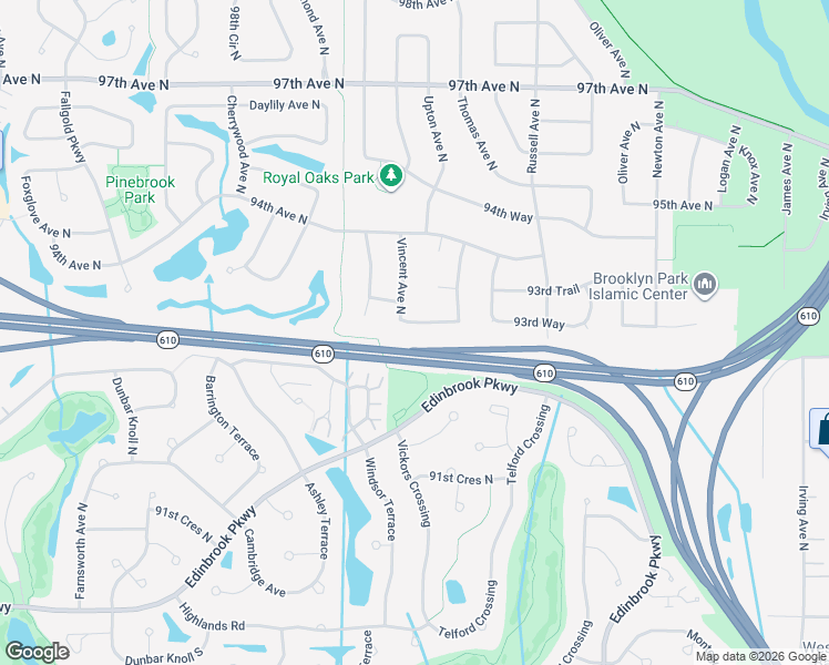 map of restaurants, bars, coffee shops, grocery stores, and more near 2819 93rd Way in Brooklyn Park