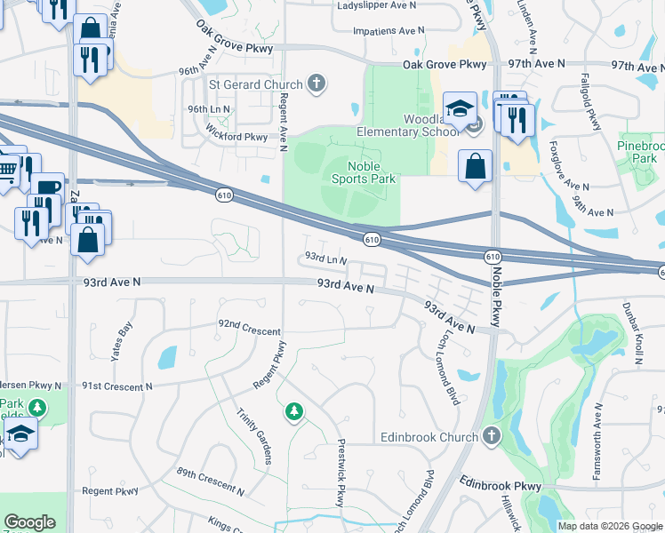 map of restaurants, bars, coffee shops, grocery stores, and more near 4956 93rd Avenue North in Brooklyn Park