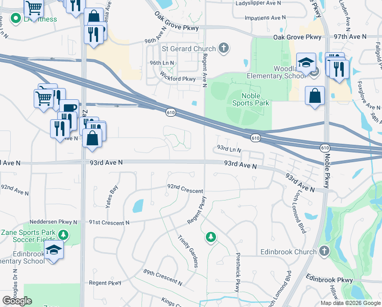 map of restaurants, bars, coffee shops, grocery stores, and more near 9253 Trinity Gardens in Minneapolis
