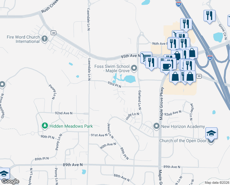 map of restaurants, bars, coffee shops, grocery stores, and more near 9289 Inland Lane North in Maple Grove
