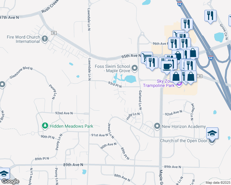 map of restaurants, bars, coffee shops, grocery stores, and more near 9289 Inland Lane North in Maple Grove