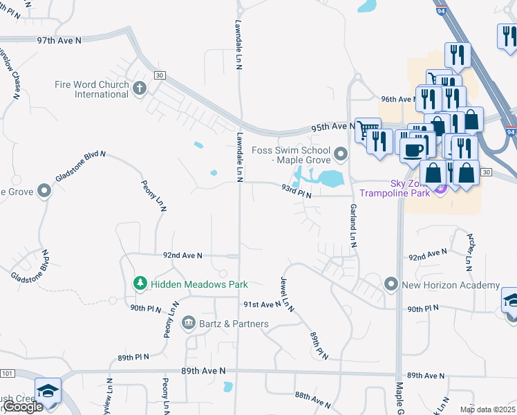 map of restaurants, bars, coffee shops, grocery stores, and more near 9292 Kimberly Lane North in Maple Grove