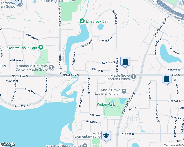 map of restaurants, bars, coffee shops, grocery stores, and more near 13860 93rd Avenue North in Maple Grove