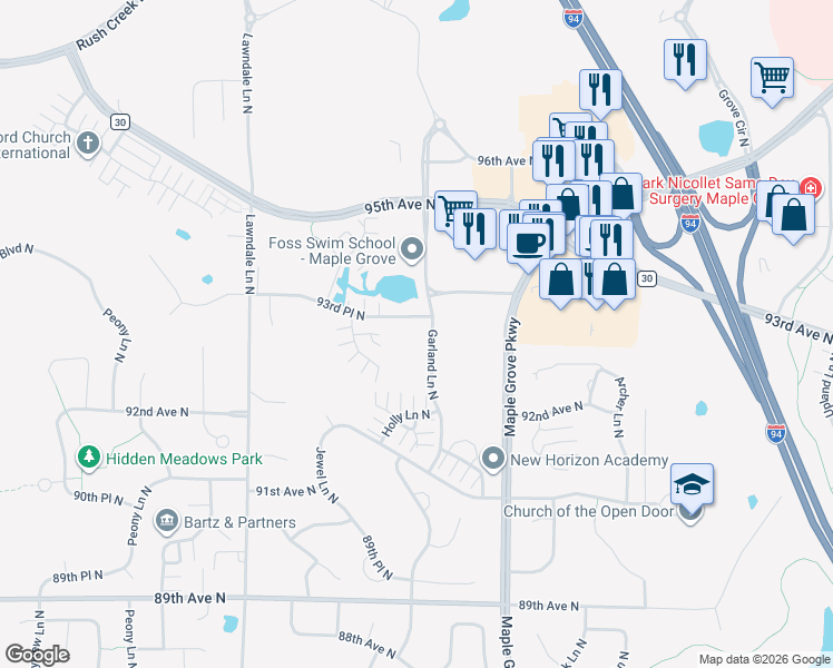 map of restaurants, bars, coffee shops, grocery stores, and more near 9325 Garland Lane North in Maple Grove
