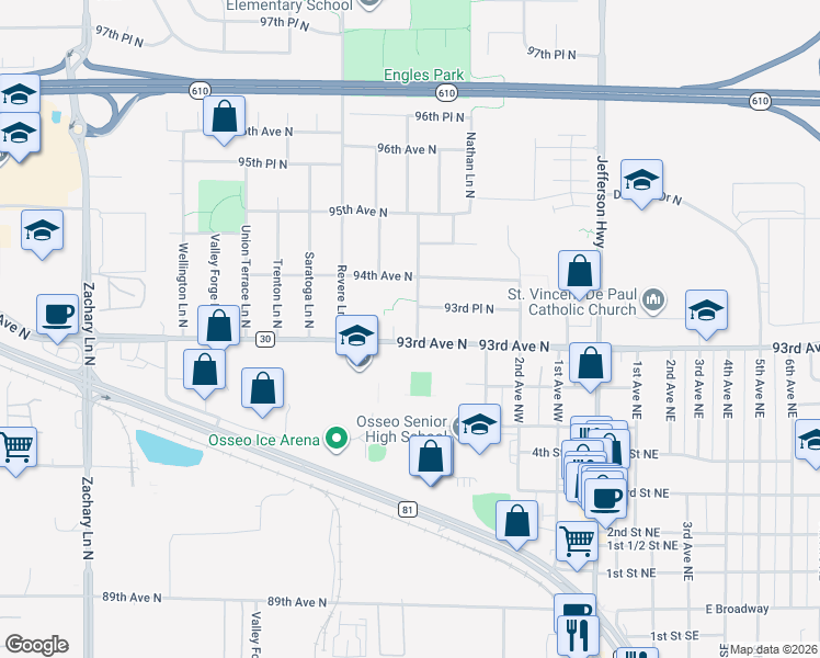 map of restaurants, bars, coffee shops, grocery stores, and more near 10105 94th Avenue North in Maple Grove