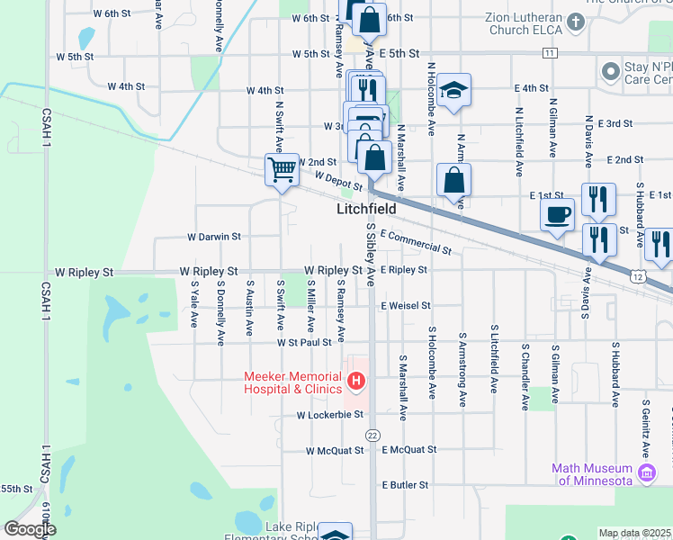 map of restaurants, bars, coffee shops, grocery stores, and more near 114 West Ripley Street in Litchfield