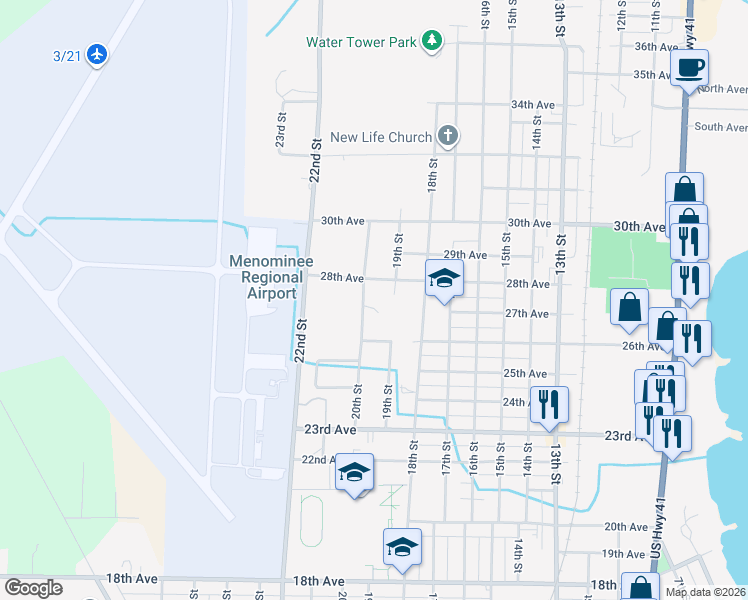 map of restaurants, bars, coffee shops, grocery stores, and more near 1817-1907 28th Avenue in Menominee