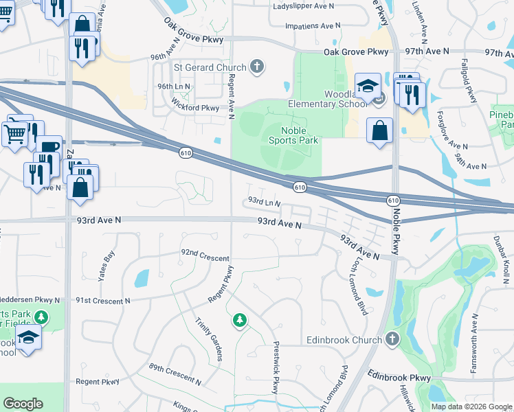 map of restaurants, bars, coffee shops, grocery stores, and more near 5064 93rd Lane North in Brooklyn Park