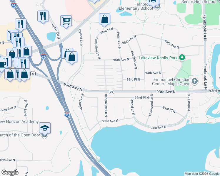 map of restaurants, bars, coffee shops, grocery stores, and more near 9356 Ranchview Lane North in Maple Grove
