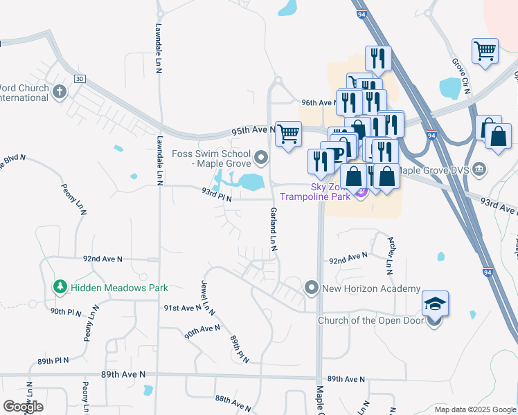 map of restaurants, bars, coffee shops, grocery stores, and more near 17156 93rd Place North in Osseo