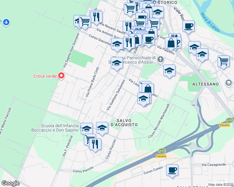 map of restaurants, bars, coffee shops, grocery stores, and more near 22 Via Gaetano Salvemini in Venaria Reale
