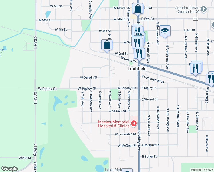 map of restaurants, bars, coffee shops, grocery stores, and more near 202 South Swift Avenue in Litchfield
