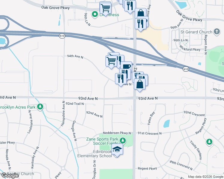 map of restaurants, bars, coffee shops, grocery stores, and more near 6300-6498 93rd Avenue North in Brooklyn Park