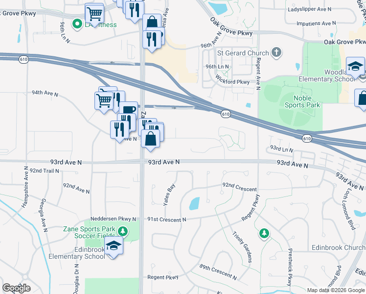 map of restaurants, bars, coffee shops, grocery stores, and more near 5601 94th Avenue North in Brooklyn Park