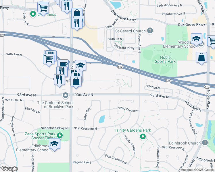 map of restaurants, bars, coffee shops, grocery stores, and more near 5396-6148 93rd Avenue North in Brooklyn Park