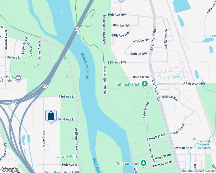 map of restaurants, bars, coffee shops, grocery stores, and more near 8519 Mississippi Boulevard Northwest in Coon Rapids