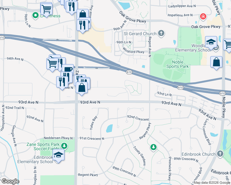 map of restaurants, bars, coffee shops, grocery stores, and more near 5396-6148 93rd Avenue North in Brooklyn Park