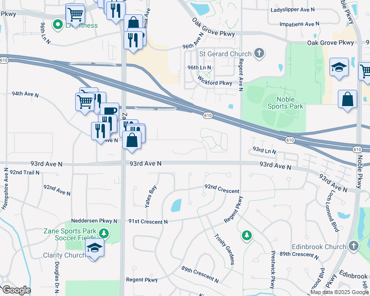 map of restaurants, bars, coffee shops, grocery stores, and more near 5396-6148 93rd Avenue North in Brooklyn Park