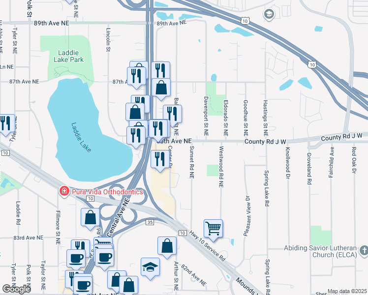 map of restaurants, bars, coffee shops, grocery stores, and more near 8498 Sunset Road Northeast in Spring Lake Park