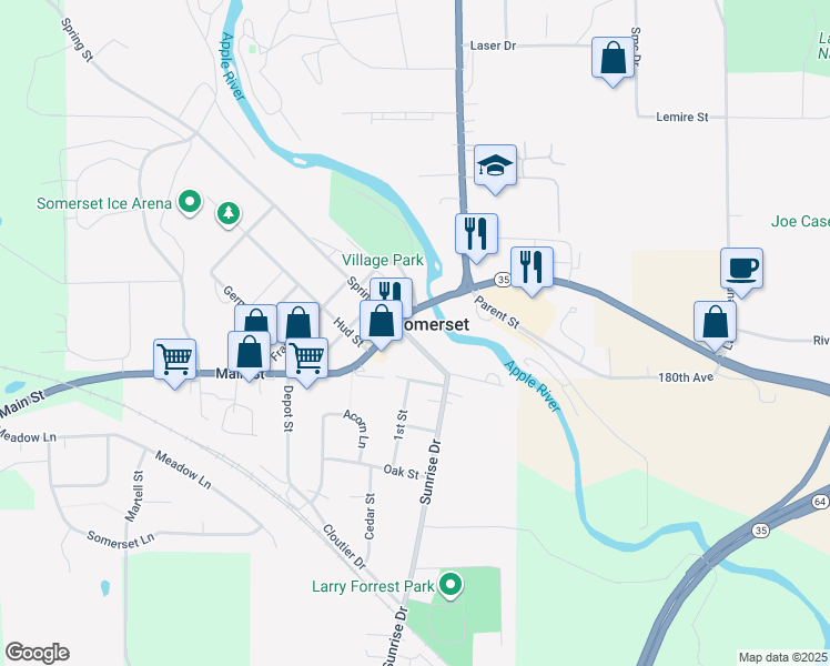 map of restaurants, bars, coffee shops, grocery stores, and more near 118 Spring Street in Somerset
