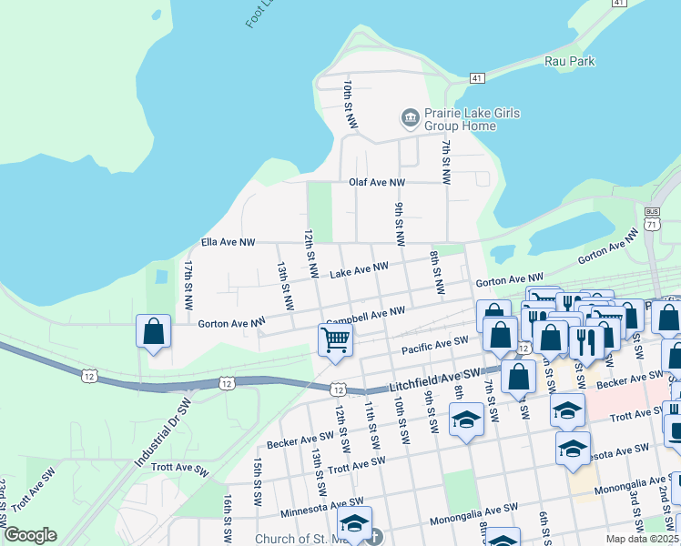 map of restaurants, bars, coffee shops, grocery stores, and more near 1112 Lake Avenue Northwest in Willmar