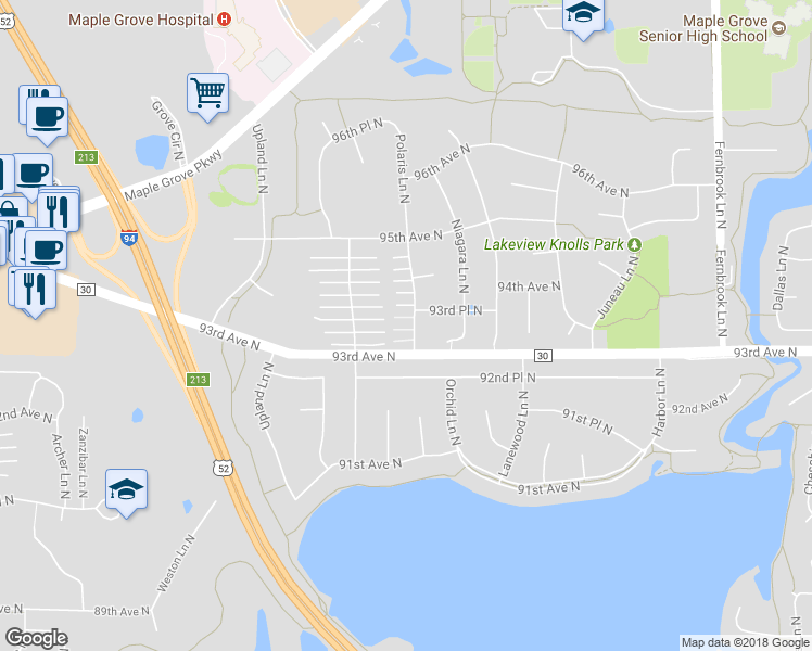 map of restaurants, bars, coffee shops, grocery stores, and more near 9341 Polaris Lane North in Maple Grove