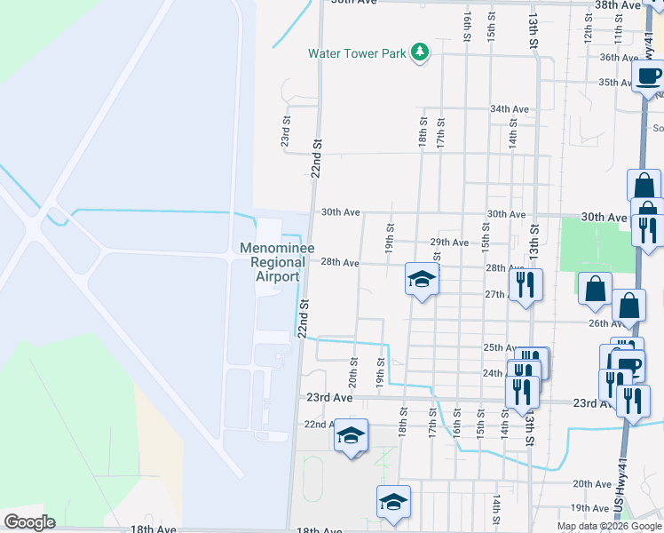 map of restaurants, bars, coffee shops, grocery stores, and more near 2102 28th Avenue in Menominee