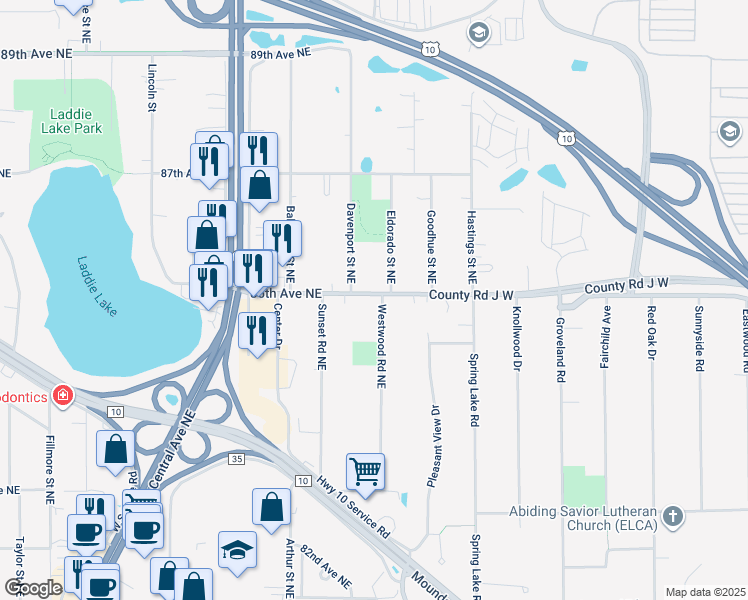 map of restaurants, bars, coffee shops, grocery stores, and more near 8496 Westwood Road Northeast in Fridley