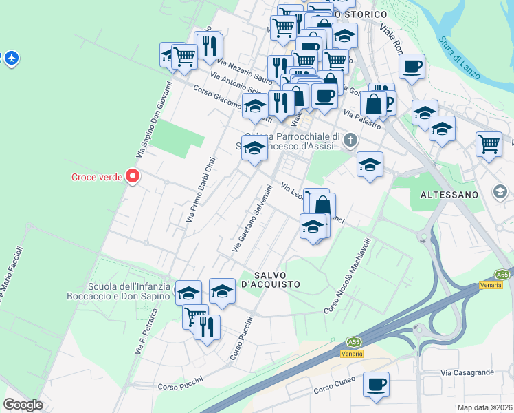 map of restaurants, bars, coffee shops, grocery stores, and more near 22 Via Gaetano Salvemini in Venaria Reale