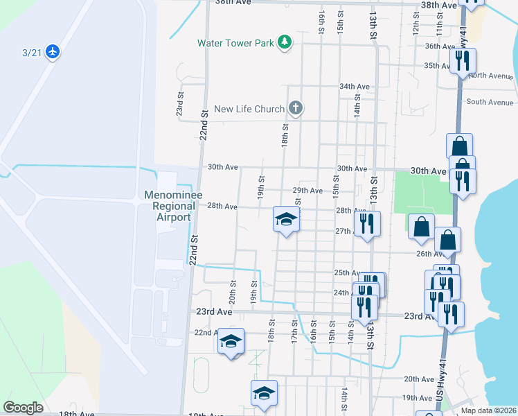 map of restaurants, bars, coffee shops, grocery stores, and more near 1817 28th Avenue in Menominee