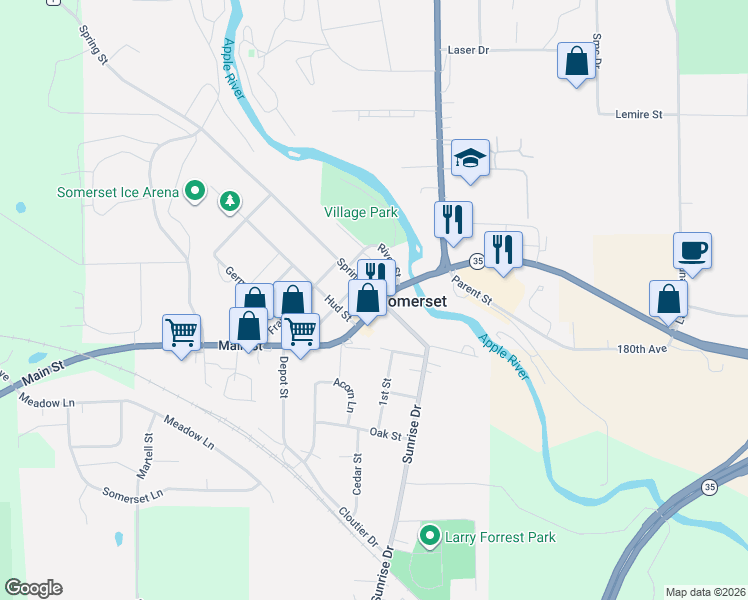 map of restaurants, bars, coffee shops, grocery stores, and more near 217 Main Street in Somerset