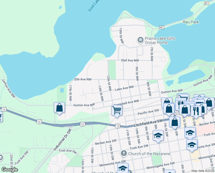 map of restaurants, bars, coffee shops, grocery stores, and more near 409 12th Street Northwest in Willmar