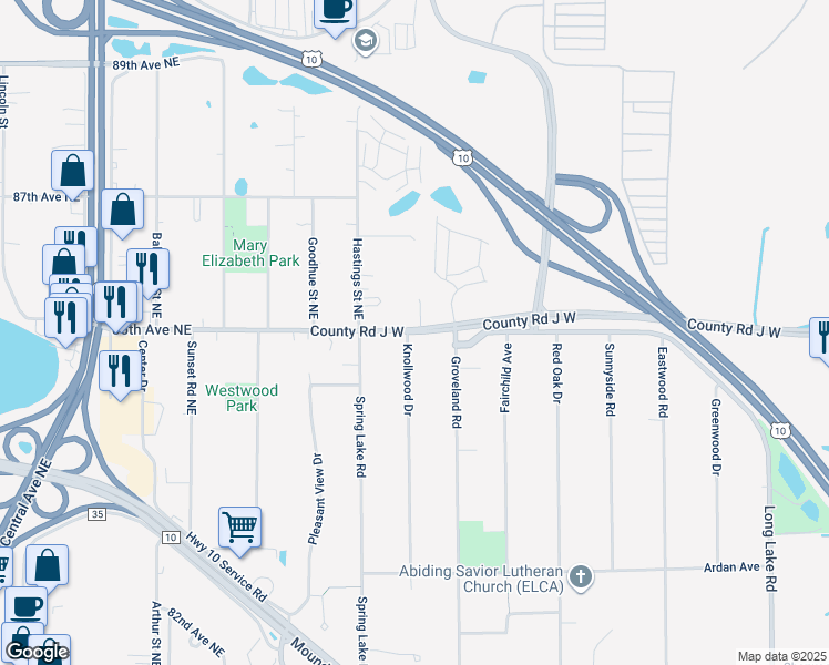 map of restaurants, bars, coffee shops, grocery stores, and more near 2932 County Road J in Mounds View