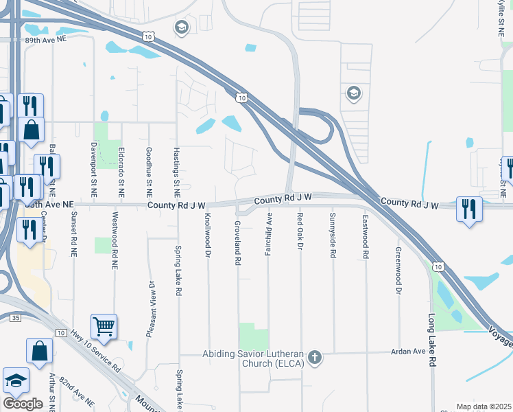 map of restaurants, bars, coffee shops, grocery stores, and more near 2001 Long Lake Road in Mounds View