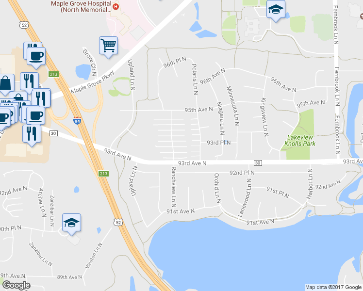 map of restaurants, bars, coffee shops, grocery stores, and more near 9356 Ranchview Lane North in Maple Grove