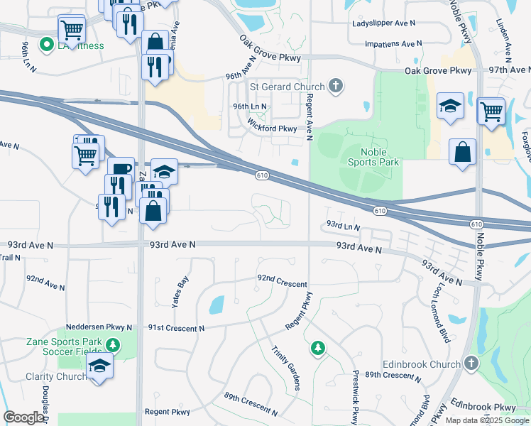 map of restaurants, bars, coffee shops, grocery stores, and more near 5401 94th Avenue North in Brooklyn Park