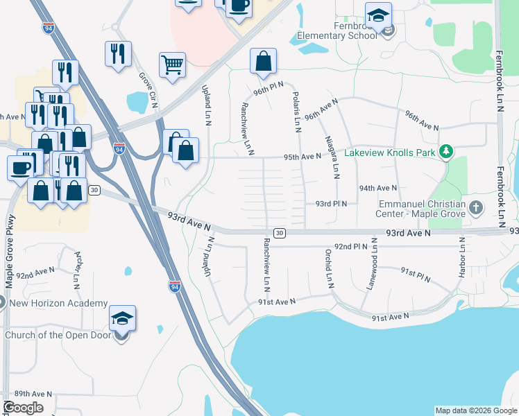 map of restaurants, bars, coffee shops, grocery stores, and more near 9355 Ranchview Lane North in Maple Grove