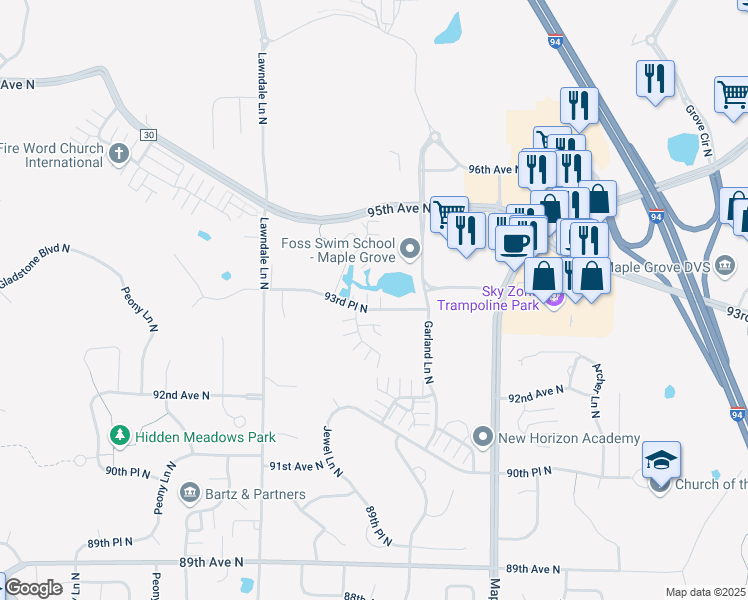 map of restaurants, bars, coffee shops, grocery stores, and more near 17118 93rd Place North in Osseo
