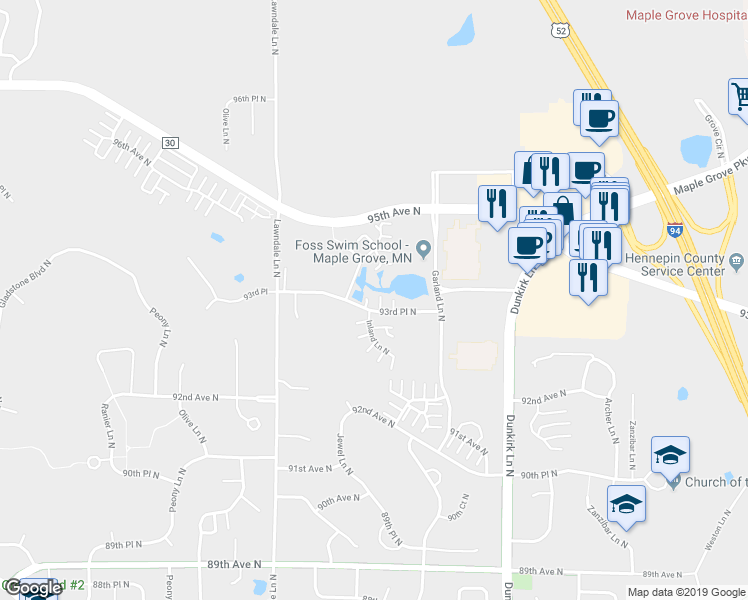 map of restaurants, bars, coffee shops, grocery stores, and more near 17164 93rd Place North in Osseo