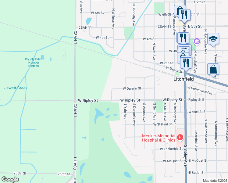 map of restaurants, bars, coffee shops, grocery stores, and more near 613 West Darwin Street in Litchfield