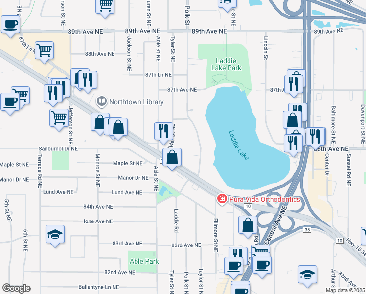 map of restaurants, bars, coffee shops, grocery stores, and more near 8512 Polk Street Northeast in Blaine