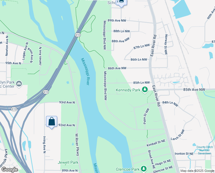 map of restaurants, bars, coffee shops, grocery stores, and more near 8519 Mississippi Boulevard Northwest in Coon Rapids