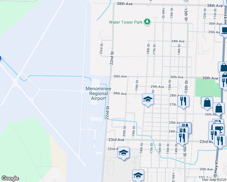 map of restaurants, bars, coffee shops, grocery stores, and more near 2102 28th Avenue in Menominee