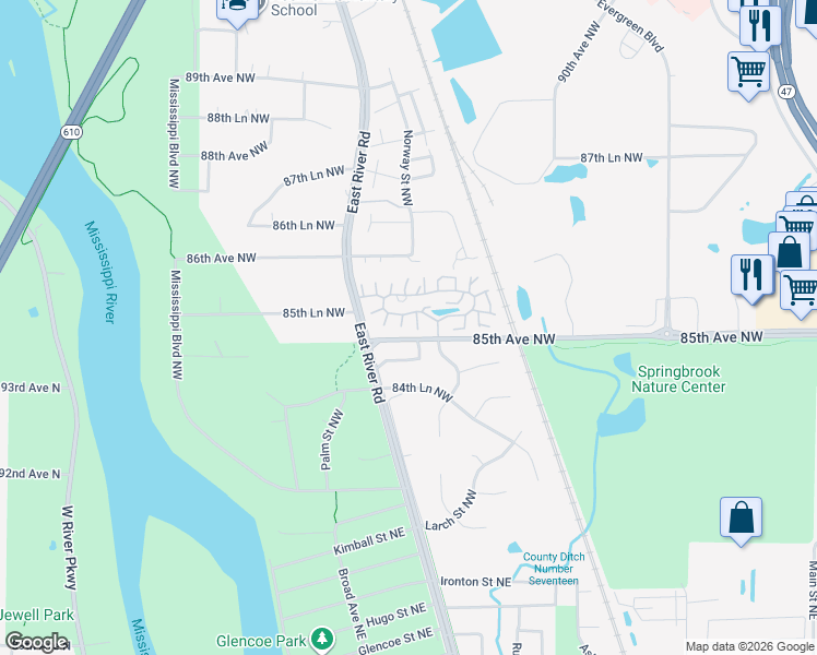 map of restaurants, bars, coffee shops, grocery stores, and more near 734 85th Lane Northwest in Coon Rapids